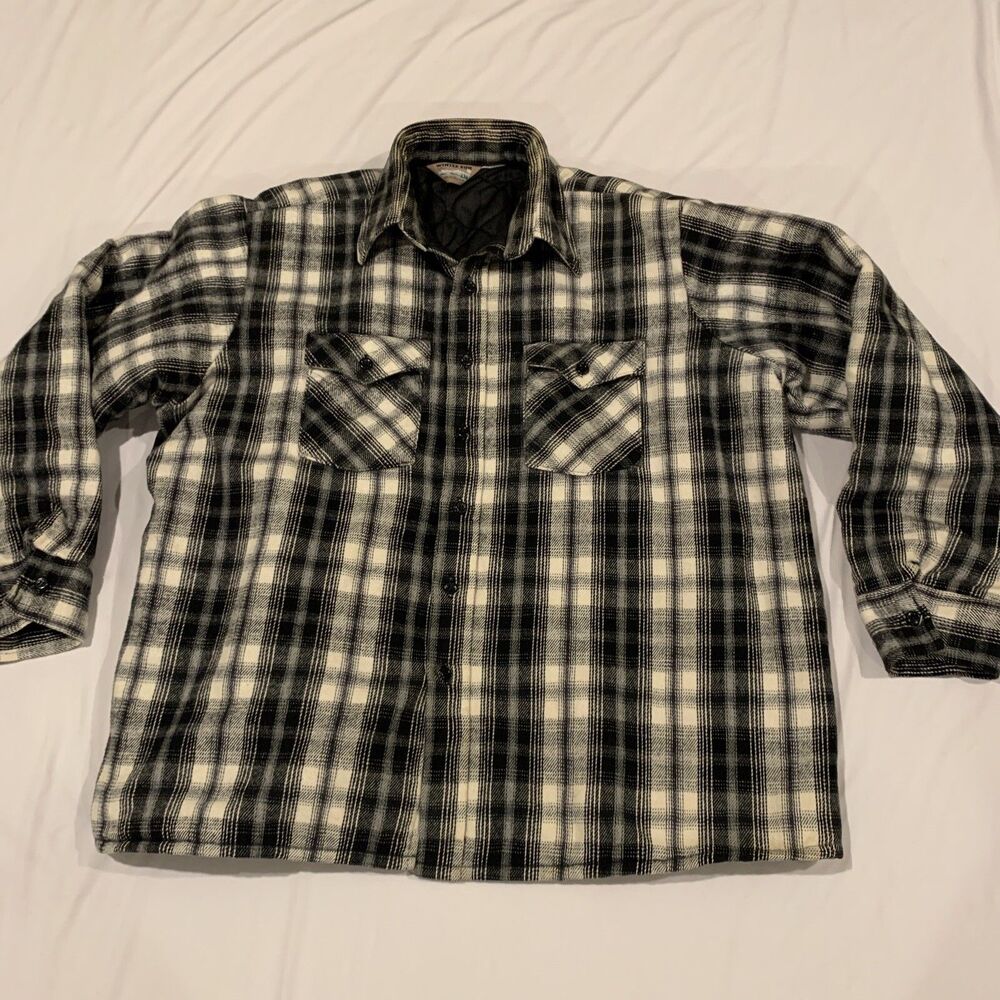 Vintage WINTER RUN Made in USA Quilted Plaid Flannel Shirt Jacket Mens L Bk/Wt